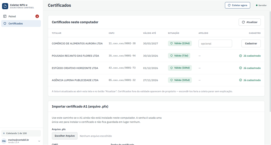 PuxaXML — certificados digitais A1 reconhecidos no computador